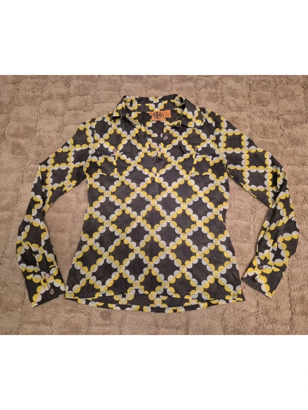 Tory Burch Gray Yellow Circular Buttoned Stephanie Tunic Blouse Shirt Size 4